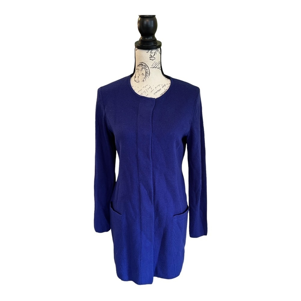 TALBOTS Pure Merino Wool Sweater/Coat Collarless Size S Violet Blue Snap Buttons